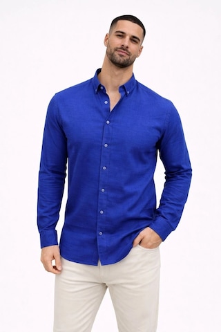 Wear Vexel Erkek Keten Kumaş Uzun Kollu Regular Fit Gömlek - Saks Mavisi Çok Renkli