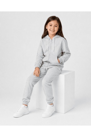 Eray Alp Kids Unisex Çocuk Gri Kapüşonlu Fermuarlı Eşofman Takımı Günlük Rahat Kombin
