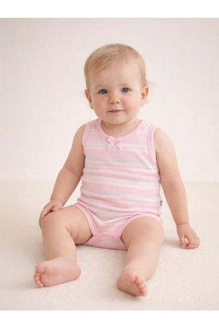 Civil Baby Çizgili Fiyonklu 1-3 Yaş Çıtçıtlı Badi - Pembe