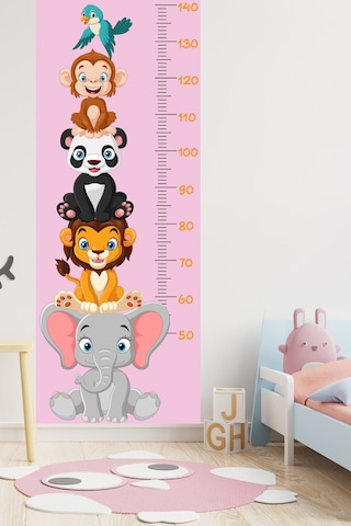 Sevimli Safari Hayvanları Boy Ölçüm Cetveli Boy Ölçer Sticker Pembe