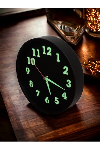 Fosforlu Gece Görünen Parlayan Siyah Duvar Saati Çap 22 Cm Camsız Siyah