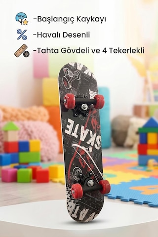 Skate Desenli Rulmanlı 4 Tekerlekli Başlangıç Kaykayı Konforlu Eğlenceli Ahşap Çocuk Skateboard Kırmızı