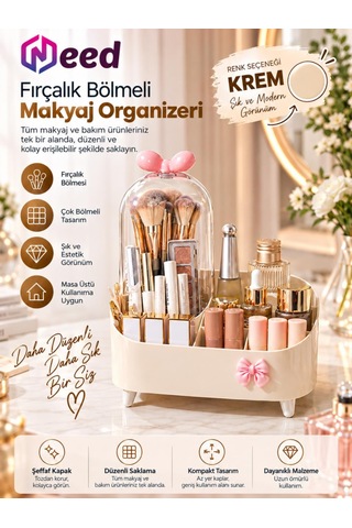Need Şeffaf Kapaklı Toz Korumalı Fırçalık Bölmeli Makyaj Organizeri Kozmetik Düzenleyici Krem Nd-8069-crm