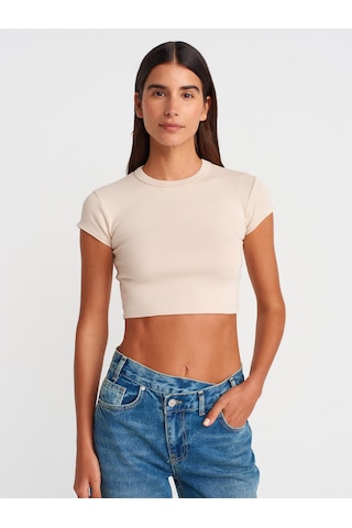 Dilvin 31810 Bisiklet Yaka Crop T-shirt-bej Bej