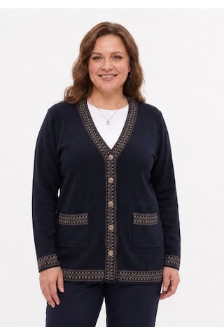 Onno Style Women Bantı Hasır Desenli Çelik Örgü Klasik Triko Ceket Lacivert