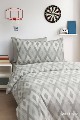 Zigzag Desenli Gri Pamuklu Tek Kişilik Nevresim Takımı Mavi