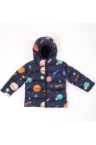 Kız Çocuk Polarlı Kapüşonlu Gezegen Yıldız Desenli Kışlık Şişme Mont & Kaban & Parka Lacivert