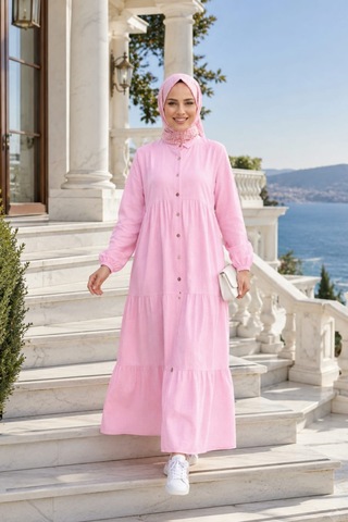 Hb Harma Time Butik Kadın Düğmeli Kat Detaylı Keten Pembe Elbise