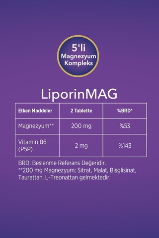 Liporinmag Magnezyum Complex Sitrat, Malat, Bisglisinat, Taurat, L-treonat B6 200 Mg 60 Tablet