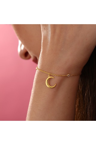 Queen Silver Jewelry 925 Ayar Gümüş Hilal Obje Zirkon Taş Sallantılı Bileklikdfc Altın