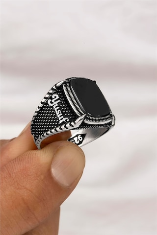 Oniks Taşlı Çift Tarafı İsimli Pençe Motifli Gümüş Erkek Yüzük -8279 Gümüş