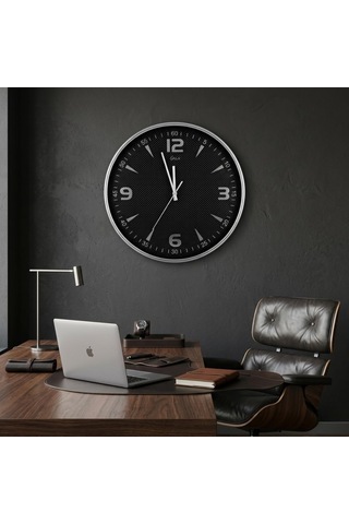 Yuvarlak Duvar Saati, Siyah, Gümüş Çerçeve, 41 Cm, Modern Tasarım, Salon İçin Çok Renkli