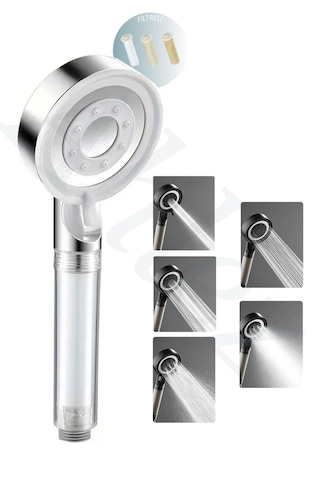 Ahlez Filtreli 5 Fonksiyonlu Çelik Su Tasarruflu Duş Başlığı Krom Beyaz