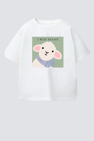 Monila Unisex Çocuk Pamuklu Bisiklet Yaka Kuzu Kulağı Baskılı T-shirt Ekru