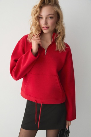 ETHIQUET BE AGIO Kadın Organik Pamuklı Kanguru Cepli Yakası Fermuarlı Kırmızı Sweatshirt