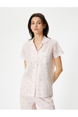 Koton Düğmeli Pijama Üstü Çiçekli Kısa Kollu Cepli Pembe Desenli 4slk50032mw Pembe Desenli Pembe