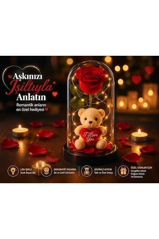 Led Işıklı Fanusta Yapay Gül Ve Lüks Peluş Ayıcık Dekoratif Romantik Sevgililer Günü Hediyesi 20 Cm Hediyelik Eşya
