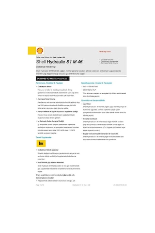 Shell Hydraulic S1 M 46 Teneke Endüstriyel Hidrolik Yağı 15 L