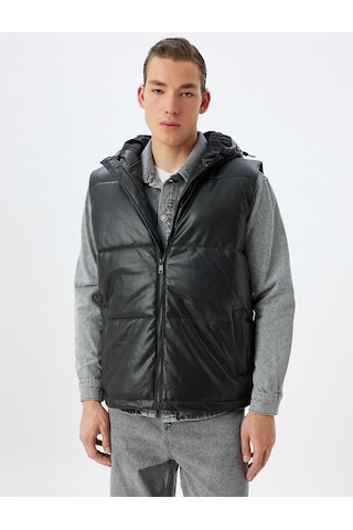 Koton Şişme Yelek Slim Fit Kapşonlu Fermuarlı Cepli Siyah 5wam20043hw