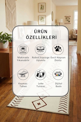 İskandinav Krem Kahve Dijital Baskılı Kaymaz Yıkanabilir Yolluk