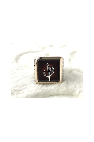 Akik Taşlı Elif Vav Işlemeli 925 Ayar Gümüş Erkek Yüzük