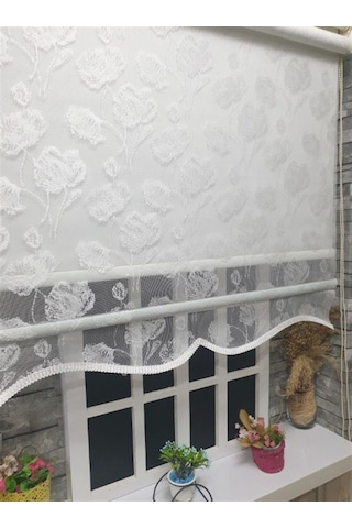 Storburada Çift Mekanizmalı Kirli Beyaz Tül Perde Ve Ekru Stor Perde Stb1093 Beyaz