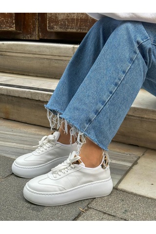 Erva'nın Butiği Beyaz Cilt Leoy Leopar Bağcıklı Kadın Sneakers-5724