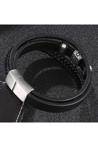 Yeni Moda Erkek Çok Katmanlı Örgülü Deri Bileklikler Paslanmaz Çelik El Takısı Halat Bileklikler Erkek İçin Bileklik Hediye Siyah