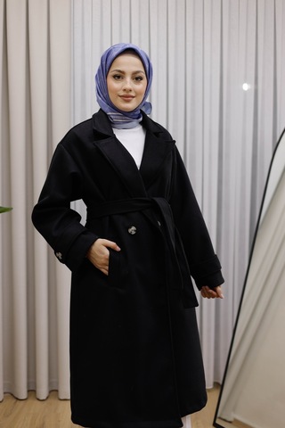 Moonsc Kadın Ceket Yaka Kruvaze Kuşaklı Kaşe Kaban Premium - Siyah