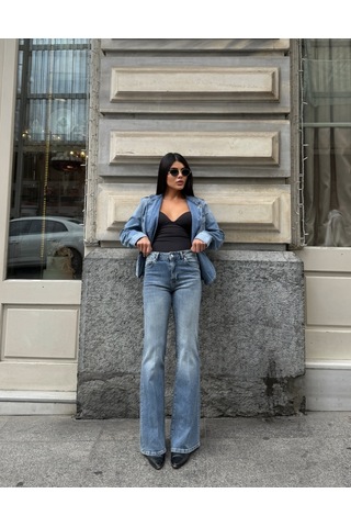 Out Of Standart Kadın Midwaist Flare Yüksek Bel Geniş Paça Jean Pantolon İce Blue