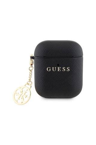 Apple Uyumlu AirPods Kılıf Guess Lisanslı Dokulu 4g Yuvarlak Süs Zincirli Saffiano Kılıf Siyah