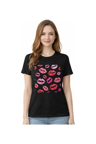 Herkesemoda Öpücük Desen Baskı Detaylı Basic T-shirt Siyah
