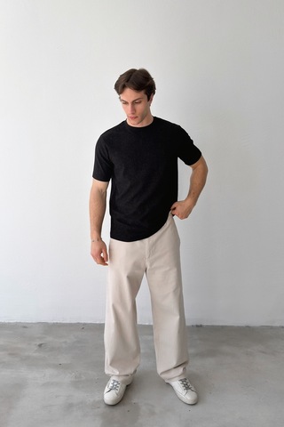 Flaw Minimal Nakışlı Dokuma Tişört-29382 Siyah