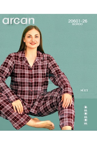 Arcan Battal Süet Düğmeli Uzunkol Pijama Takımı Bordo