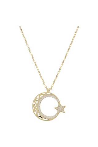 Ayyıldız Zirkon Taşlı Otantik Desenli Gold Rengi 925 Ayar Gümüş Kadın Kolye Gold