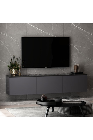 Neon 3 Kapaklı Duvara Monte Tv Ünitesi, Tv Sehpası Antrasit Mermer Desen - Antrasit Antrasit