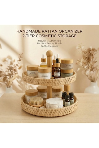 2 Katlı %100 El Yapımı Yuvarlak Sunumluk, Doğal Rattan Tabak, Sunum Tepsisi Bh24375-2 Rattan