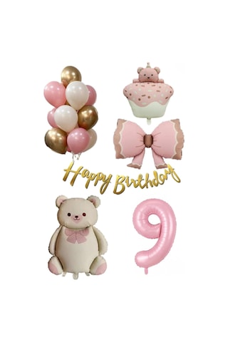 Retro 9 Yaş Ayıcık Temalı Kız Bebek Konsept Doğum Günü Seti Pembe