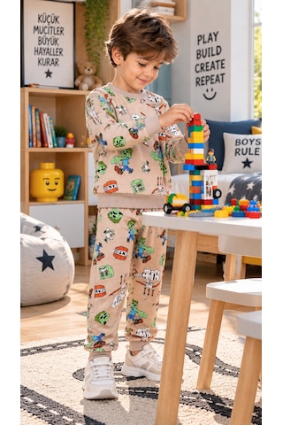 New Kids Erkek Çocuk Takım 2 İplik Şardonlu Mevsimlik Kollar Ve Paça Maşentli Detaylı Tmt Baskılı Çocuk Takım -91268 Kahverengi