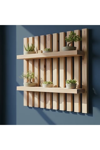 Masif Ahşap Dekoratif Duvar Rafı - Modern Tasarım Çiçeklik Ve Kitaplık - 60x40 Cm Bej