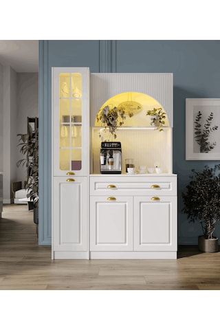 Guneystore Armoni Gold Midi Kahve Köşesi Sol Vitrinli Komple Mdf Beyaz