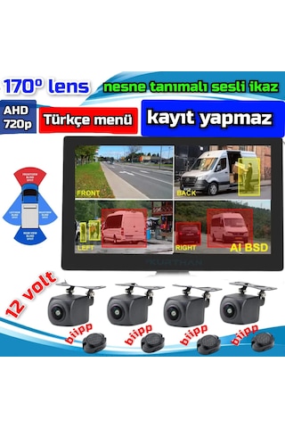 7'' Kayıtsız Ekran Araç Ve Yaya Tanımalı Sesli İkazlı 4 Kamera