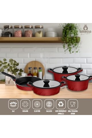 Amboss Vento 7 Parça Döküm Titanyum Kaplama Tencere Tava Seti Kırmızı Kırmızı