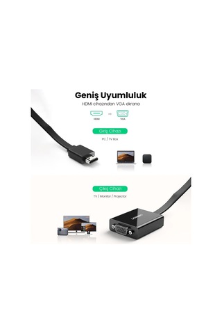 Ugreen Flat Kablolu Hdmı - Vga Aux Dönüştürücü 25 Cm, Siyah, 40248