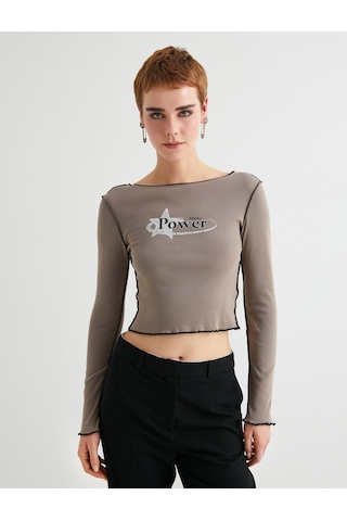 Koton Uzun Kollu Tişört Crop Baskılı Dikiş Detaylı Pamuklu Slim Fit Kahverengi 4sal10389ık 4SAL10389IK534 Kahverengi