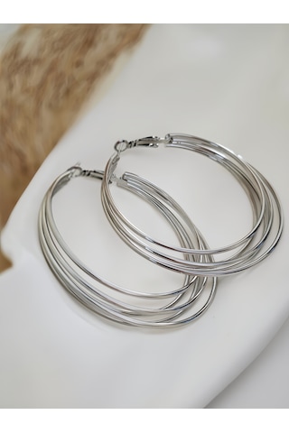 Katmanlı Halka İnterlock Hoop Gümüş Renk Küpe 6cm Silver