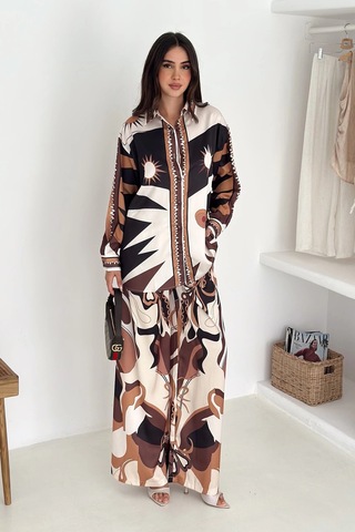 Modal Saten Kumaş Desenli Takım Kahverengi Kahverengi