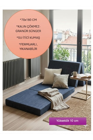 Sergama 180x70 X 10 Cm Ultra Kalın Sünger Su İtici Kumas Katlanabilir Fermuarlı Yıkanabilir Minder Antrasit