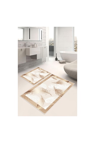 Dijital Baskı Tüy Desen Kaymaz Taban 2li Set Banyo Paspası Klozet Takımı 50x60cm-60x100cm Krem