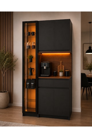 Noir Antrasit Kahve Köşesi Dolabı Led Aydınlatmalı Reflekte Camlı 2 Çekmeceli 200x100x40 Cm Antrasit Ve Ahşap